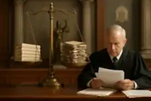 Bir mahkeme salonunda belgeleri inceleyen hâkim ve arkasında dengesiz bir adalet terazisi; bir kefede düzenli dosyalar, diğer kefede dağınık dosyalar, arka planda Adalet heykeli.