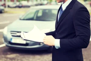 Araç önünde belge inceleyen takım elbiseli kişi – hukuka aykırı trafik cezalarına itiraz ve Ankara trafik cezası avukatı desteği.