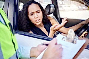 Trafik polisi veya görevlinin ceza yazarken, şaşkınlık ve itiraz eden bir sürücü kadın figürünün olduğu, trafik hukuku problemlerini temsil eden görsel.