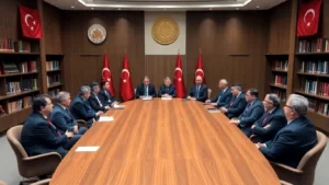 Üniversite rektörleri toplantı masasında görüşüyorlar.